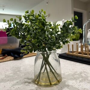 Green Faux Floral Arrangement in Glass Vase